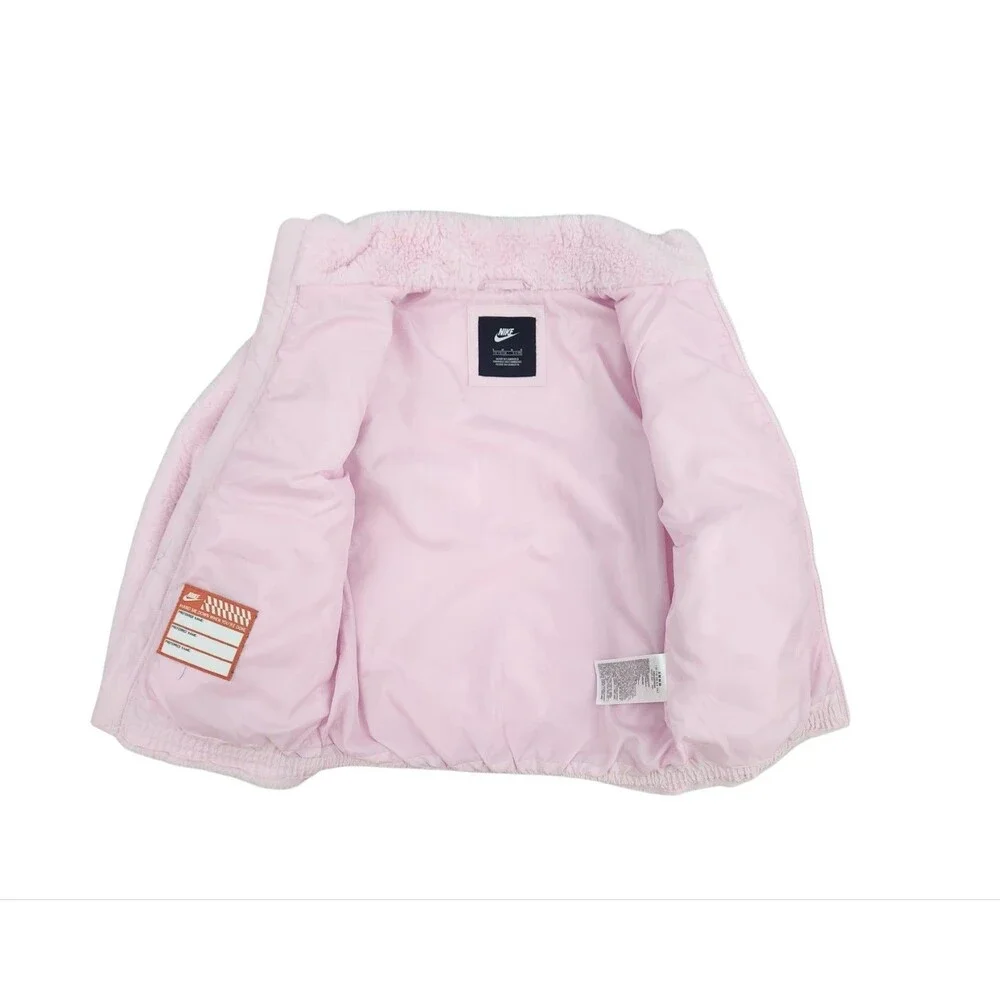 Nike Girls Faux Fur Fuzzy Swoosh Bomber Jacket Pink Size 5-6 Medium